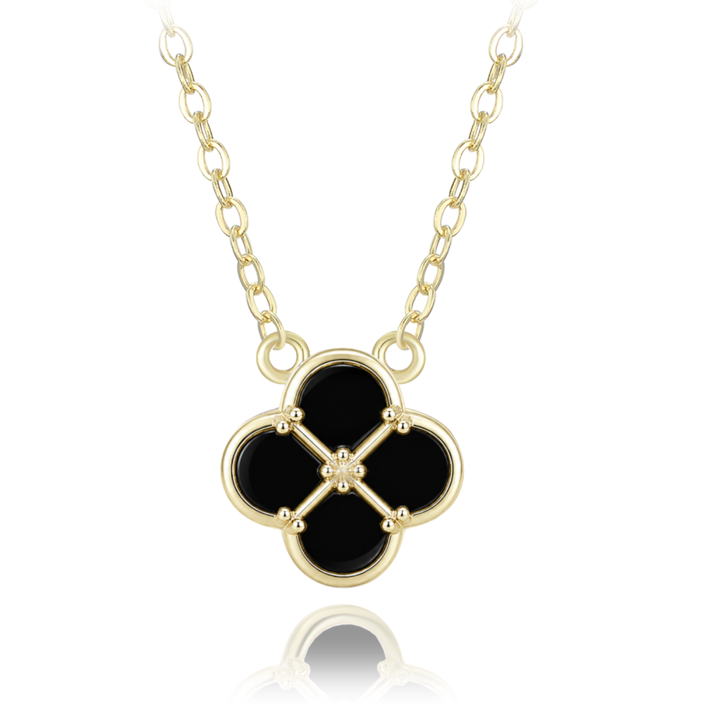 MINET Gold plated silver necklace cloverleave with black turquoise