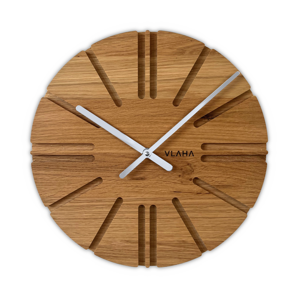 VLAHA Dubové hodiny ATELIER vyrobené v Čechách se stříbrnými ručkami ⌀32,5cm
