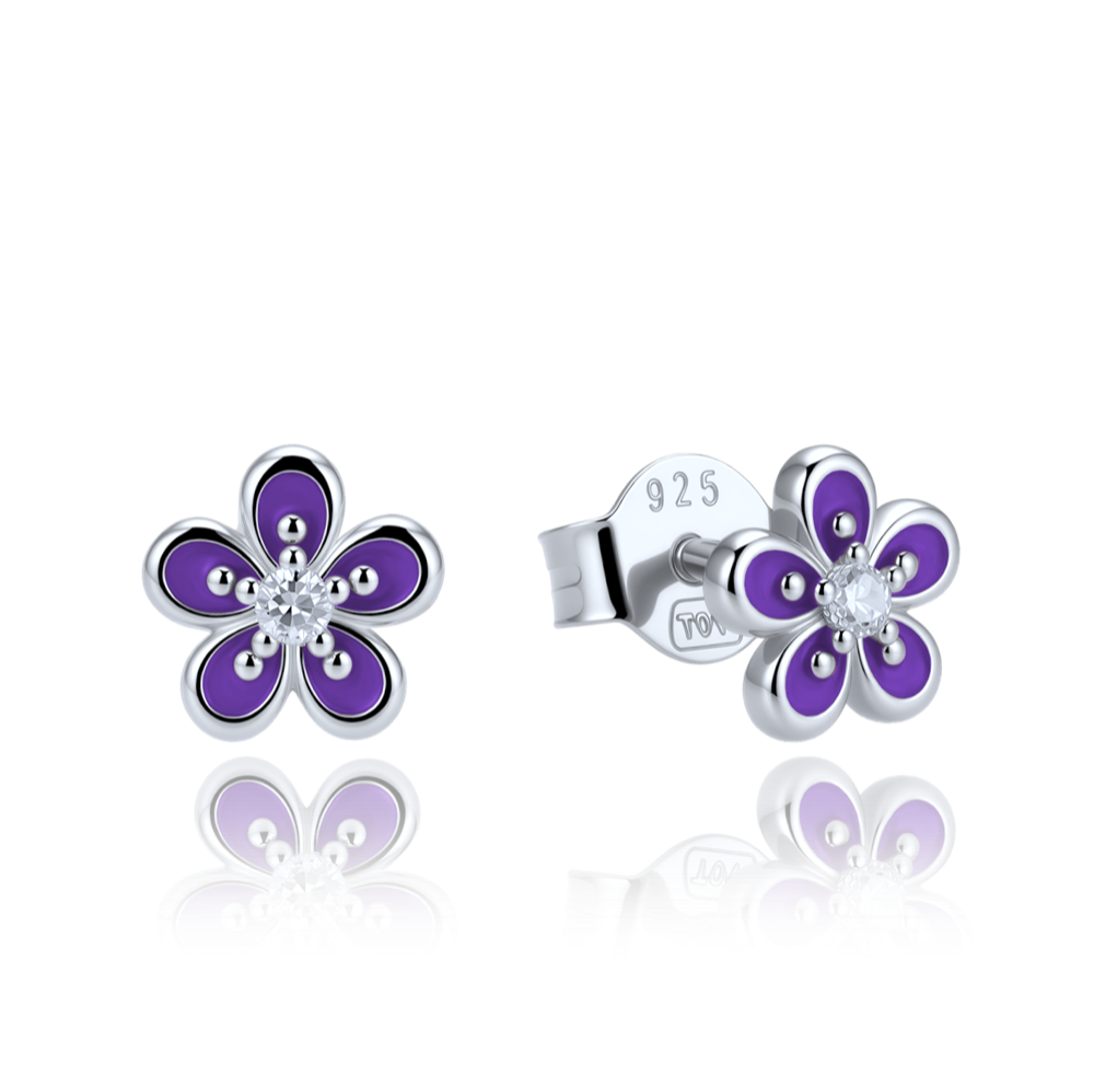 MINET Dětské stříbrné náušnice fialové kytičky s bílými zirkony