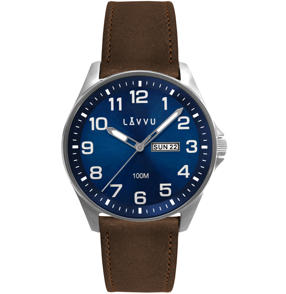 LAVVU Ocelové pánské hodinky BERGEN Blue / Top Grain Leather se svítícími čísly